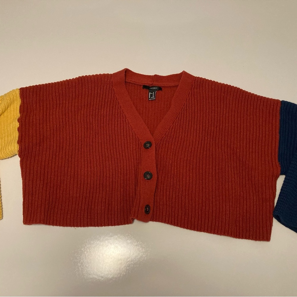 Forever 21 Red Cardigan with Yellow and Blue Sleeves size M cropped oversized